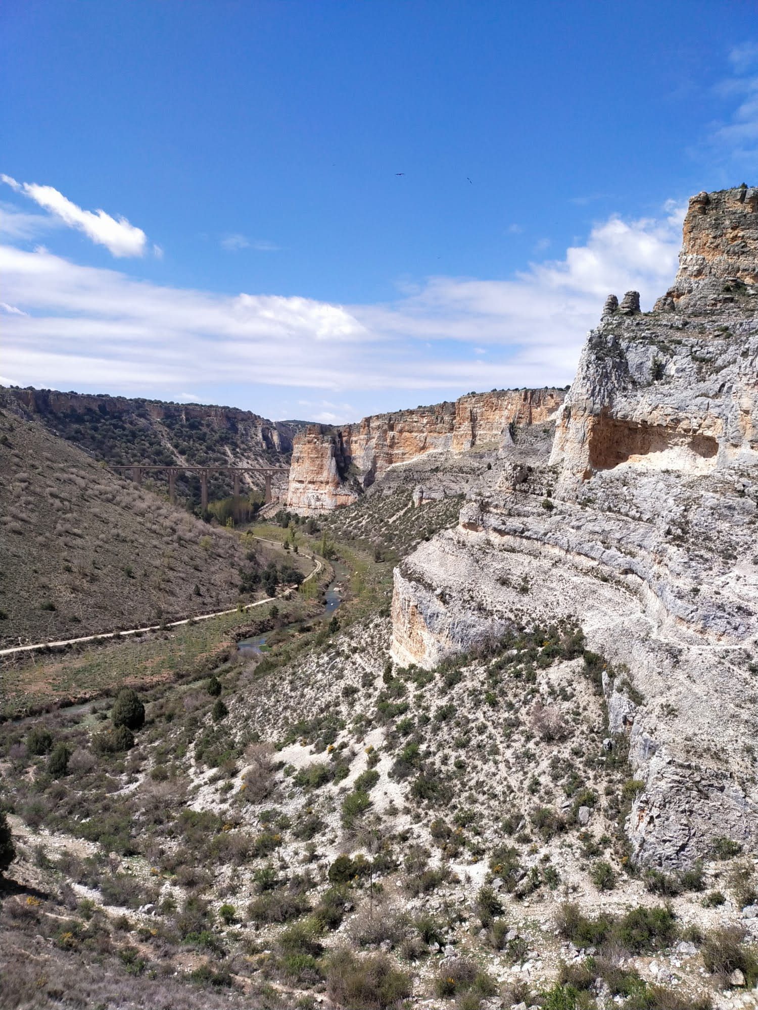 Cañón de acantilados rocosos con un río serpenteante al fondo y un puente lejano.